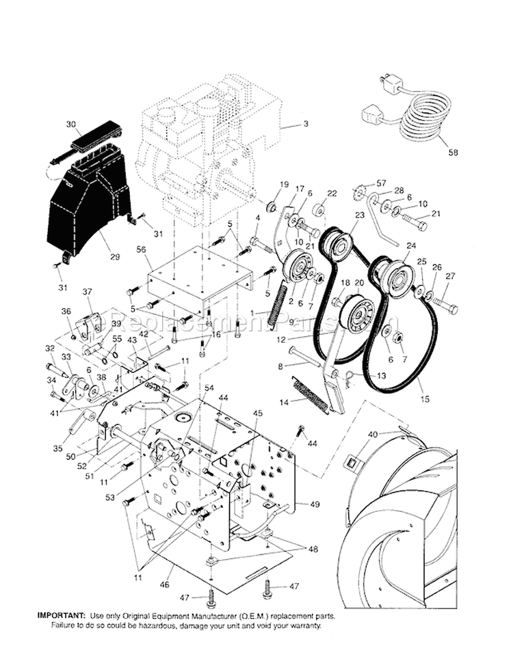 Chassis/Engine/Pulleys Diagram and Parts List for 917881151  Craftsman Snow Blower