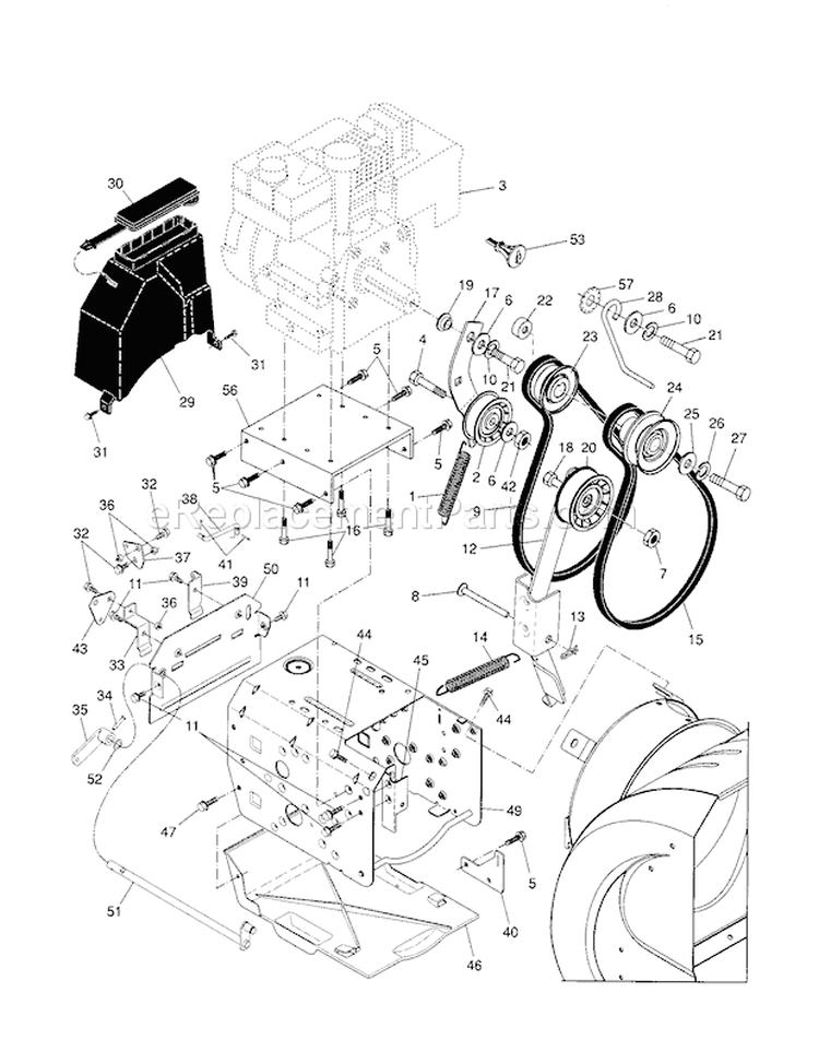 Chassis / Engine / Pulleys Diagram and Parts List for 917885530  Craftsman Snow Blower