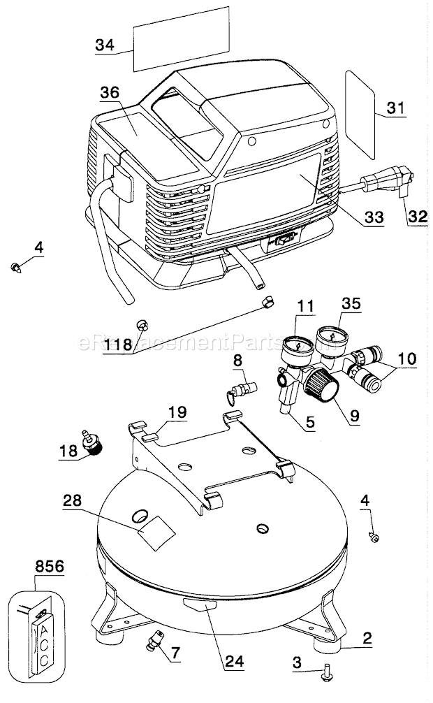 Compressor Diagram and Parts List for 91915216  Craftsman Compressor