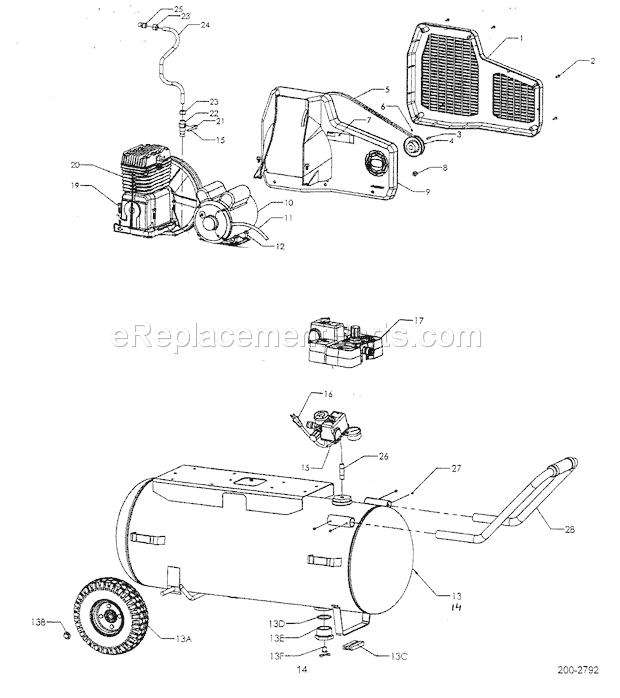 Compressor Diagram and Parts List for 92116475  Craftsman Compressor