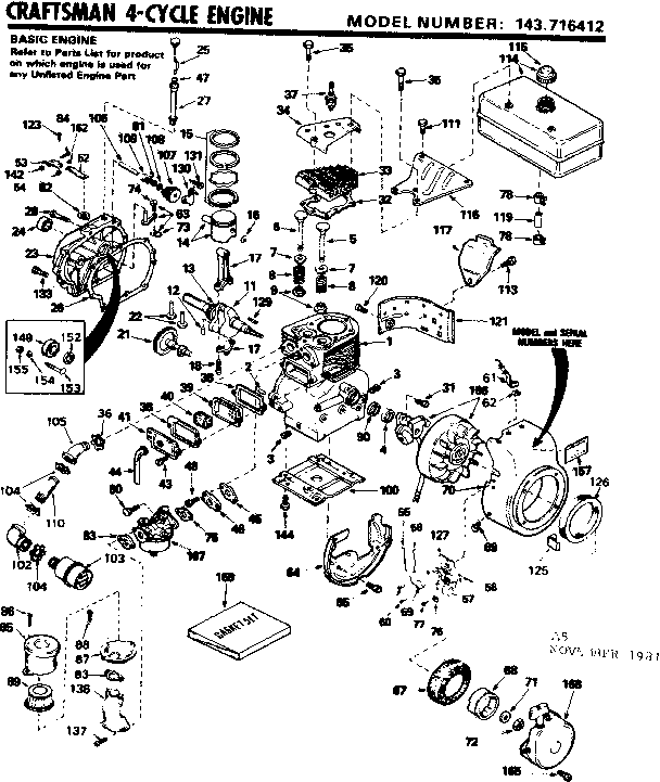 Replacement Parts Diagram and Parts List for 143716412  Craftsman Engine