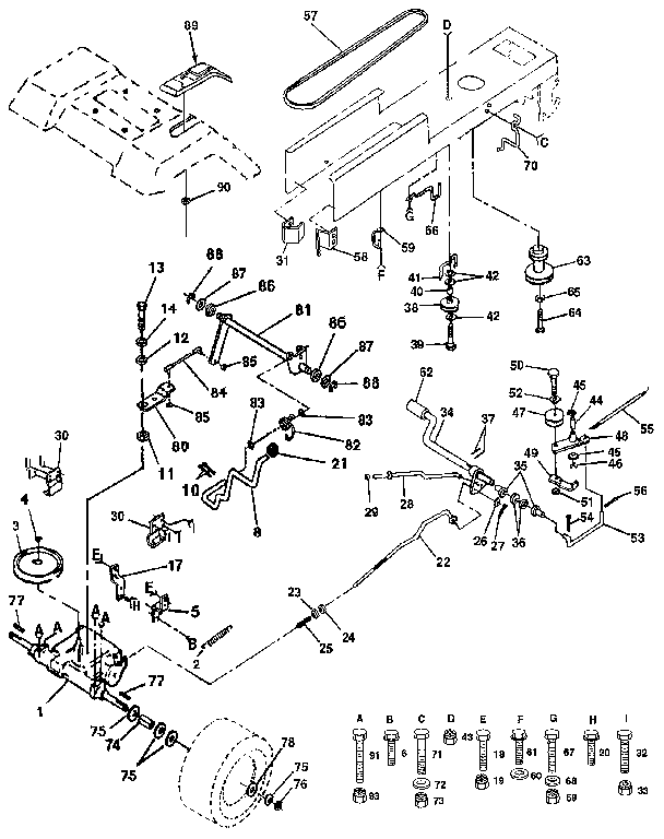 Drive Diagram and Parts List for 917257281  Craftsman Lawn Tractor