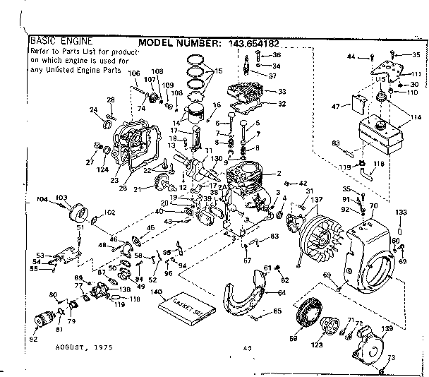 Replacement Parts Diagram and Parts List for 143654182  Craftsman Engine
