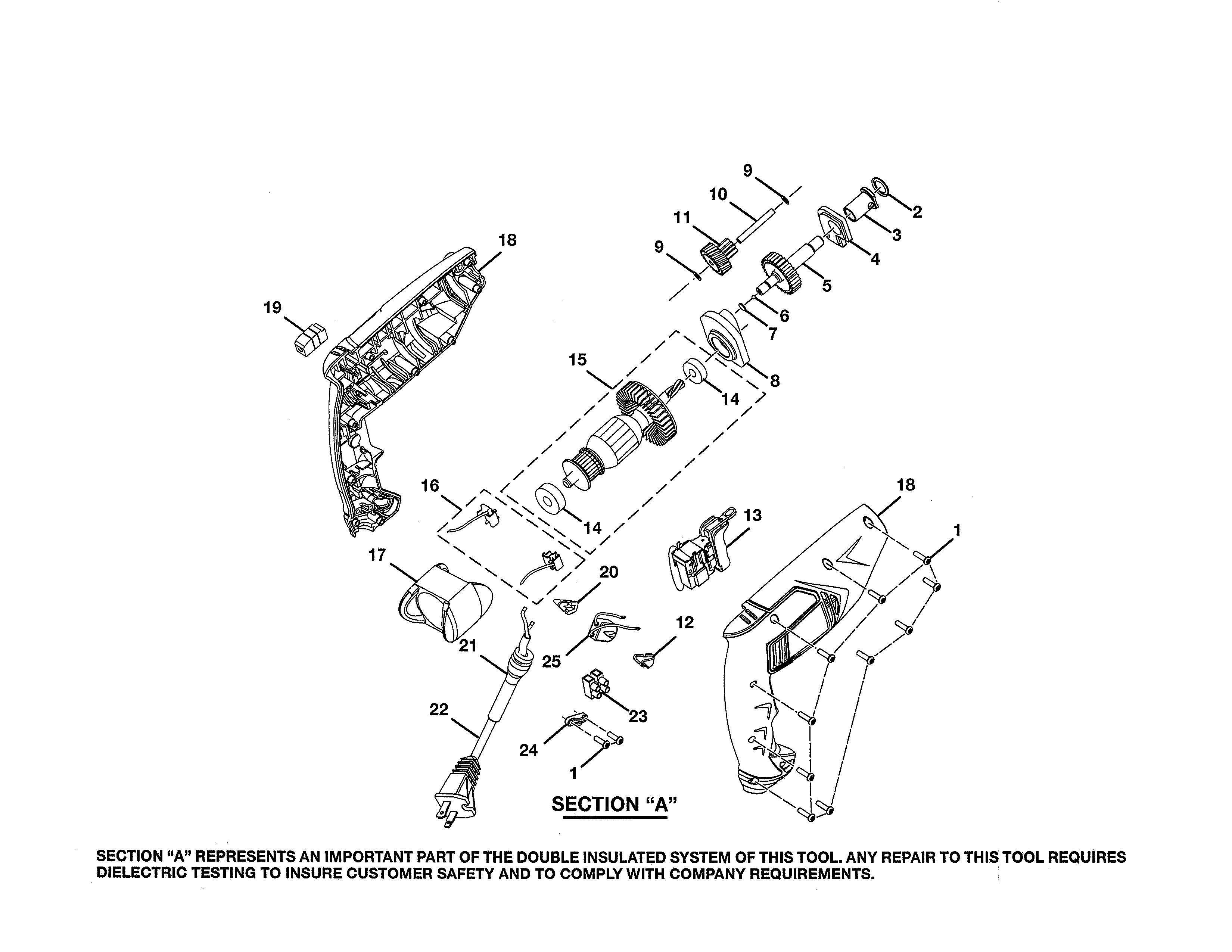 Armature/gear/power Cord Diagram and Parts List for 315101141  Craftsman Boring Machine