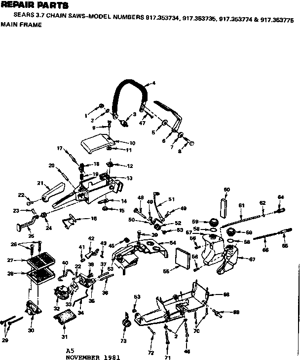 Main Frame Diagram and Parts List for 917353734  Craftsman Chainsaw