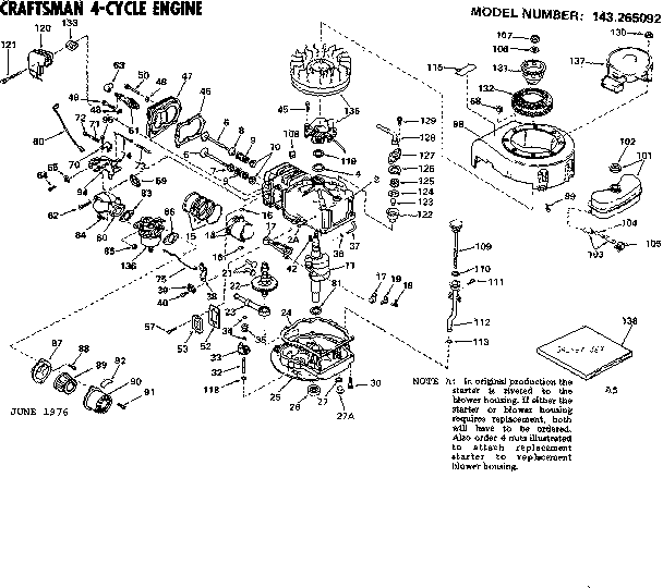 Replacement Parts Diagram and Parts List for 143265092  Craftsman Engine