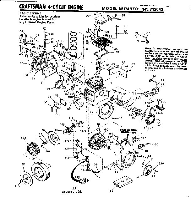 Replacement Parts Diagram and Parts List for 143712042  Craftsman Engine