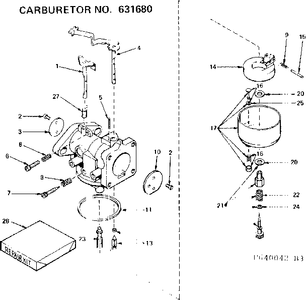 Carburetor Diagram and Parts List for 143640042  Craftsman Engine