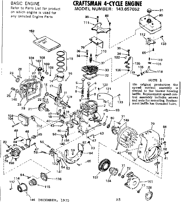 Replacement Parts Diagram and Parts List for 143657052  Craftsman Engine