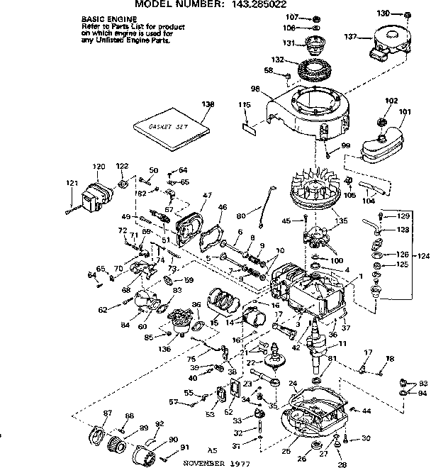 Replacement Parts Diagram and Parts List for 143285022  Craftsman Engine