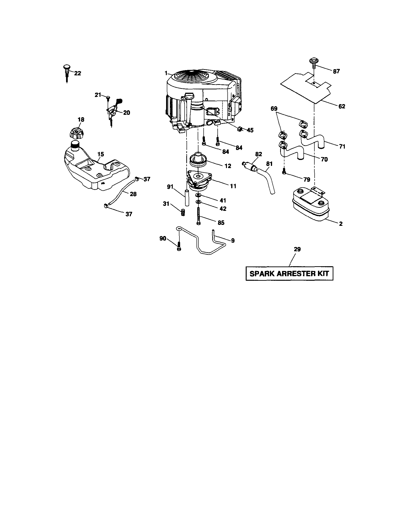 Engine Diagram and Parts List for 917276864  Craftsman Lawn Tractor