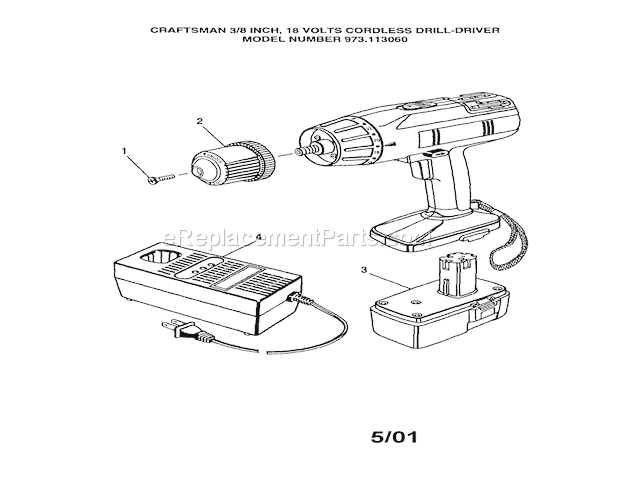 3/8" 18 Volt Cordless Dri... Diagram and Parts List for 973113060  Craftsman Cordless Drill