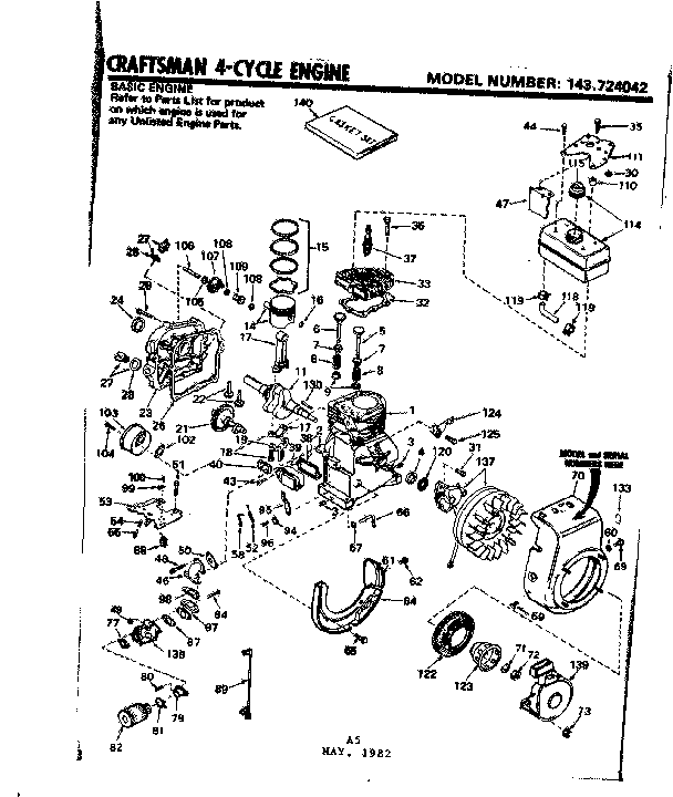 Replacement Parts Diagram and Parts List for 143724042  Craftsman Engine