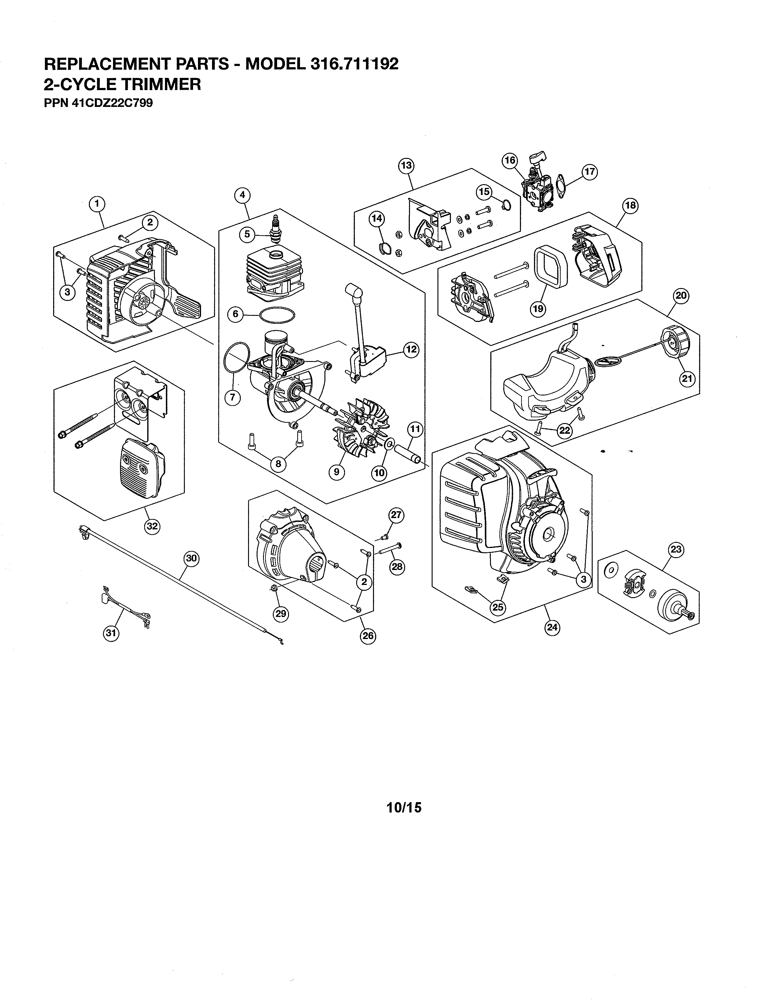 Short Block/fuel Tank Diagram and Parts List for 316711192  Craftsman Trimmer