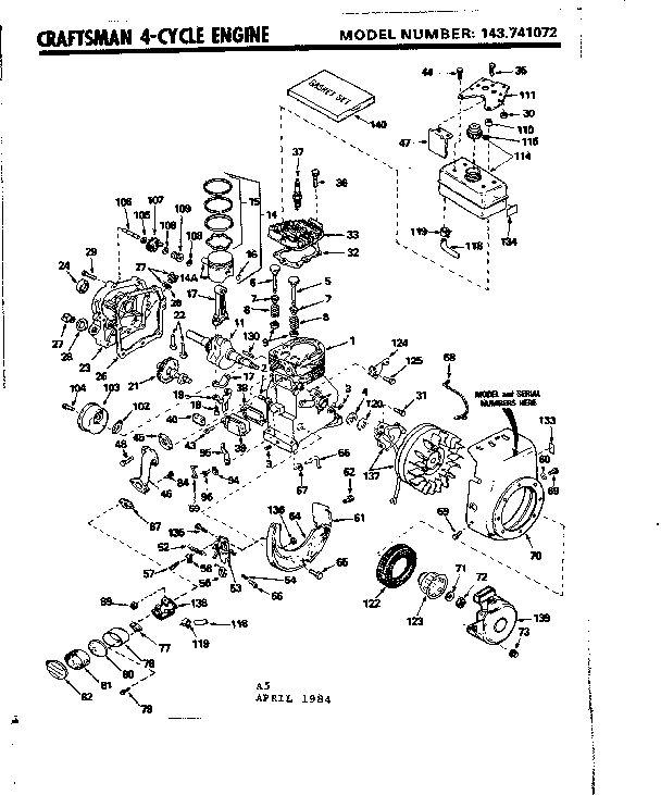 Replacement Parts Diagram and Parts List for 143741072  Craftsman Engine