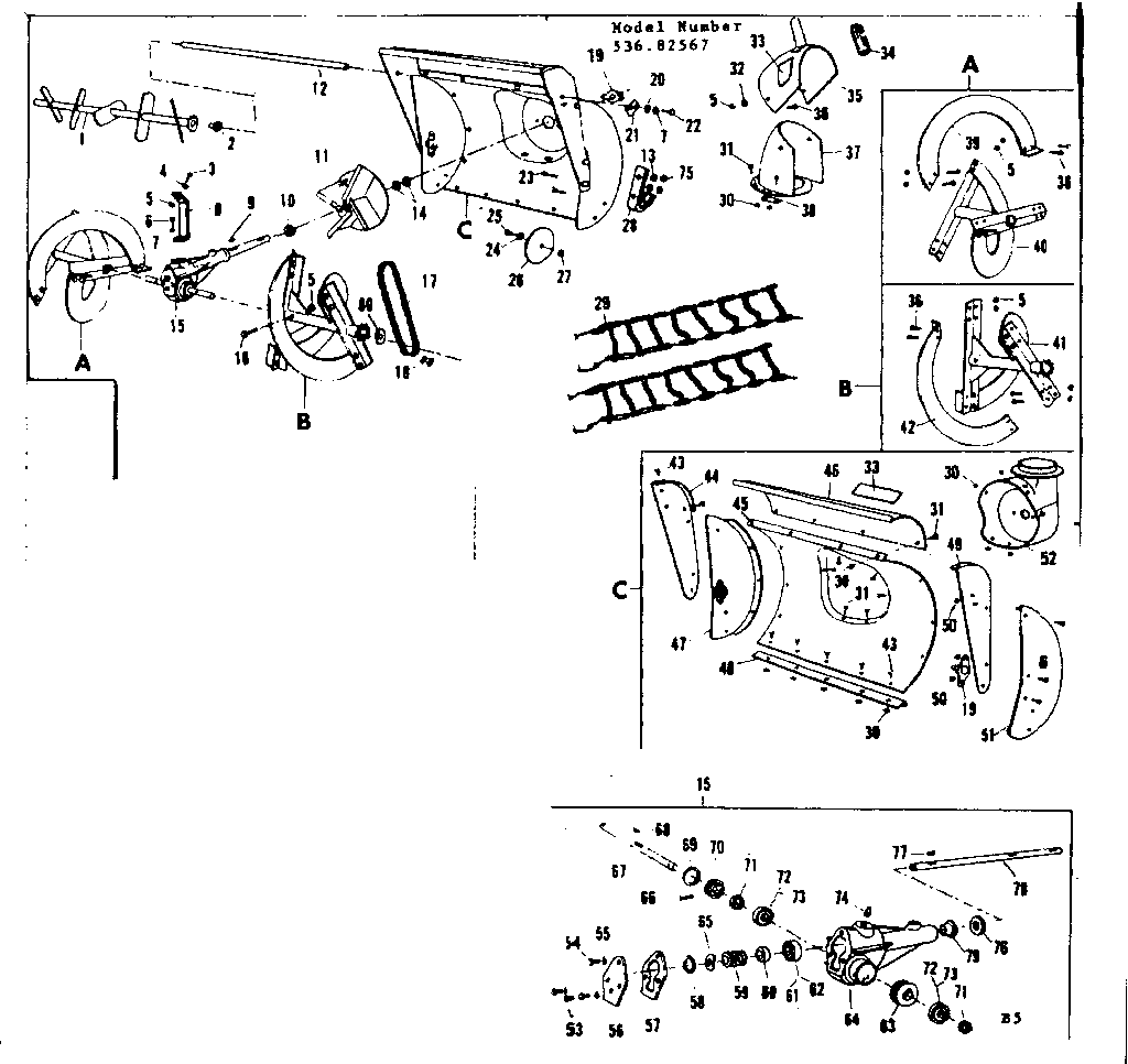 Auger And Gear Case Assembly Diagram and Parts List for 53682567  Craftsman Snow Blower