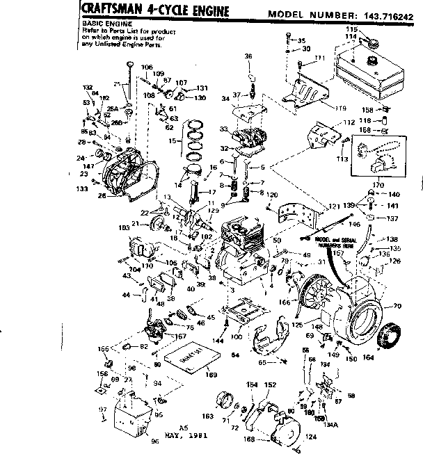 Replacement Parts Diagram and Parts List for 143716242  Craftsman Engine