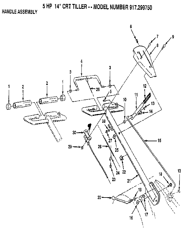 Handle Assembly Diagram and Parts List for 917299750  Craftsman Tiller