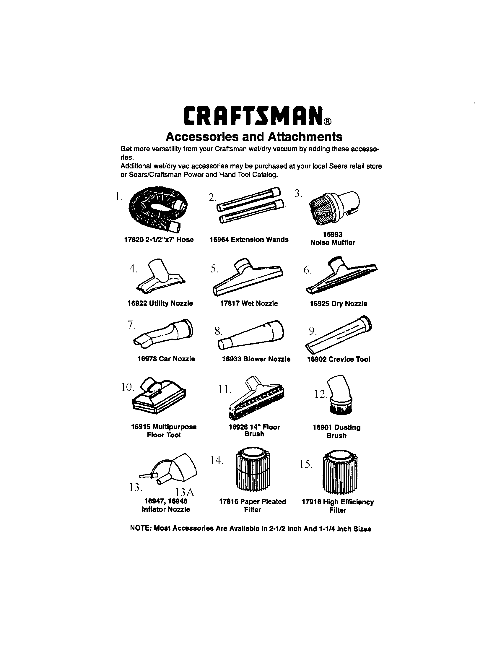 Accessories And Attachments Diagram and Parts List for 113170370  Craftsman Utility Vacuum