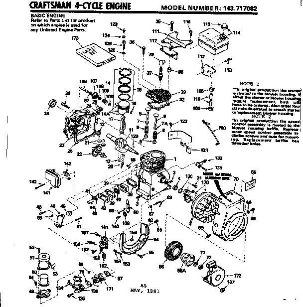 Replacement Parts Diagram and Parts List for 143717082  Craftsman Engine