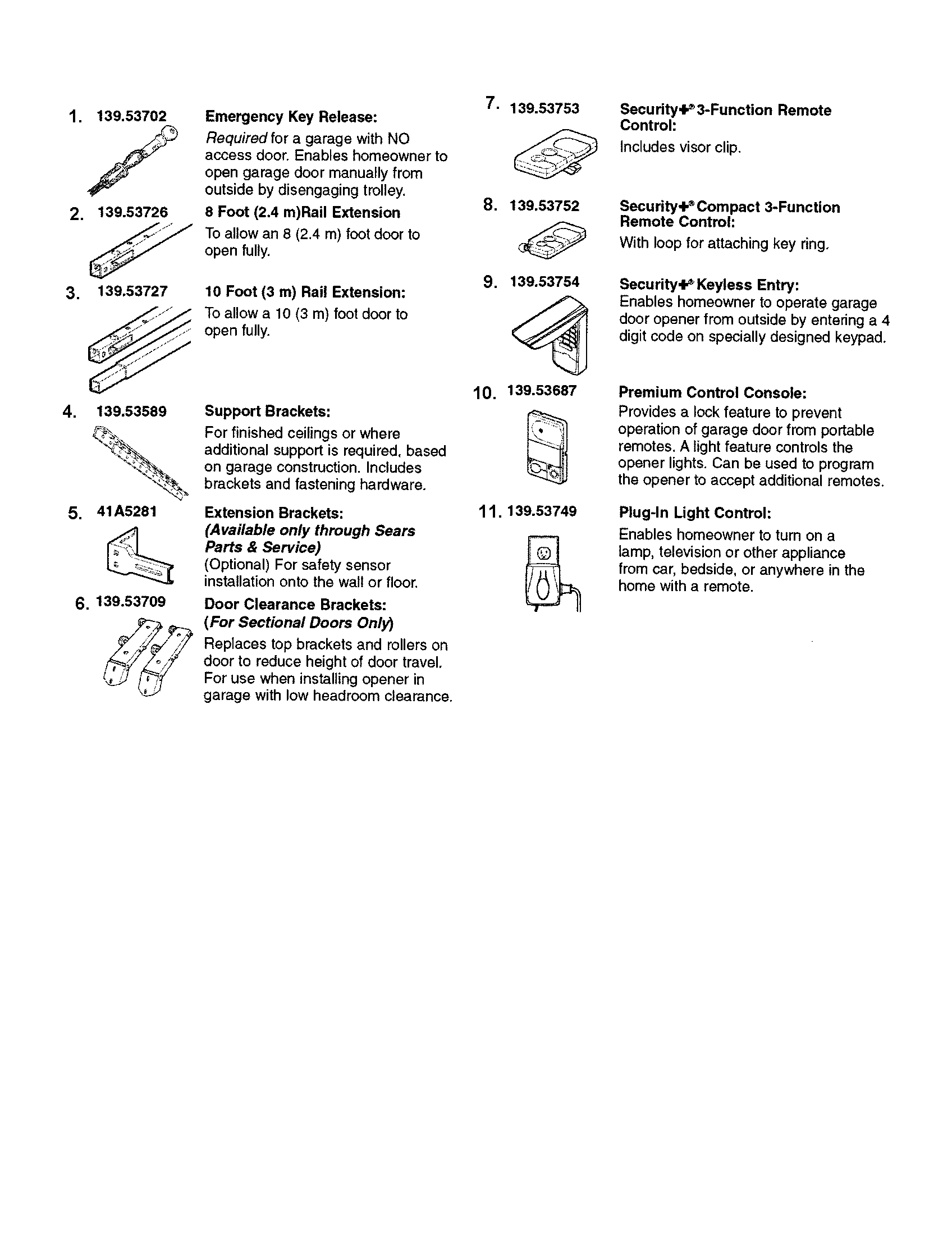 Accessories Diagram and Parts List for 13953930D  Craftsman Garage Door Opener