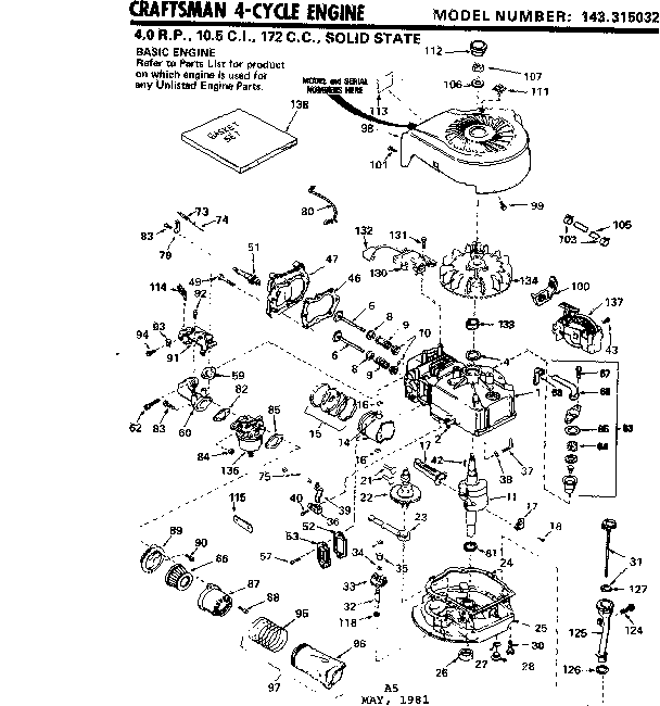 Replacement Parts Diagram and Parts List for 143315032  Craftsman Engine