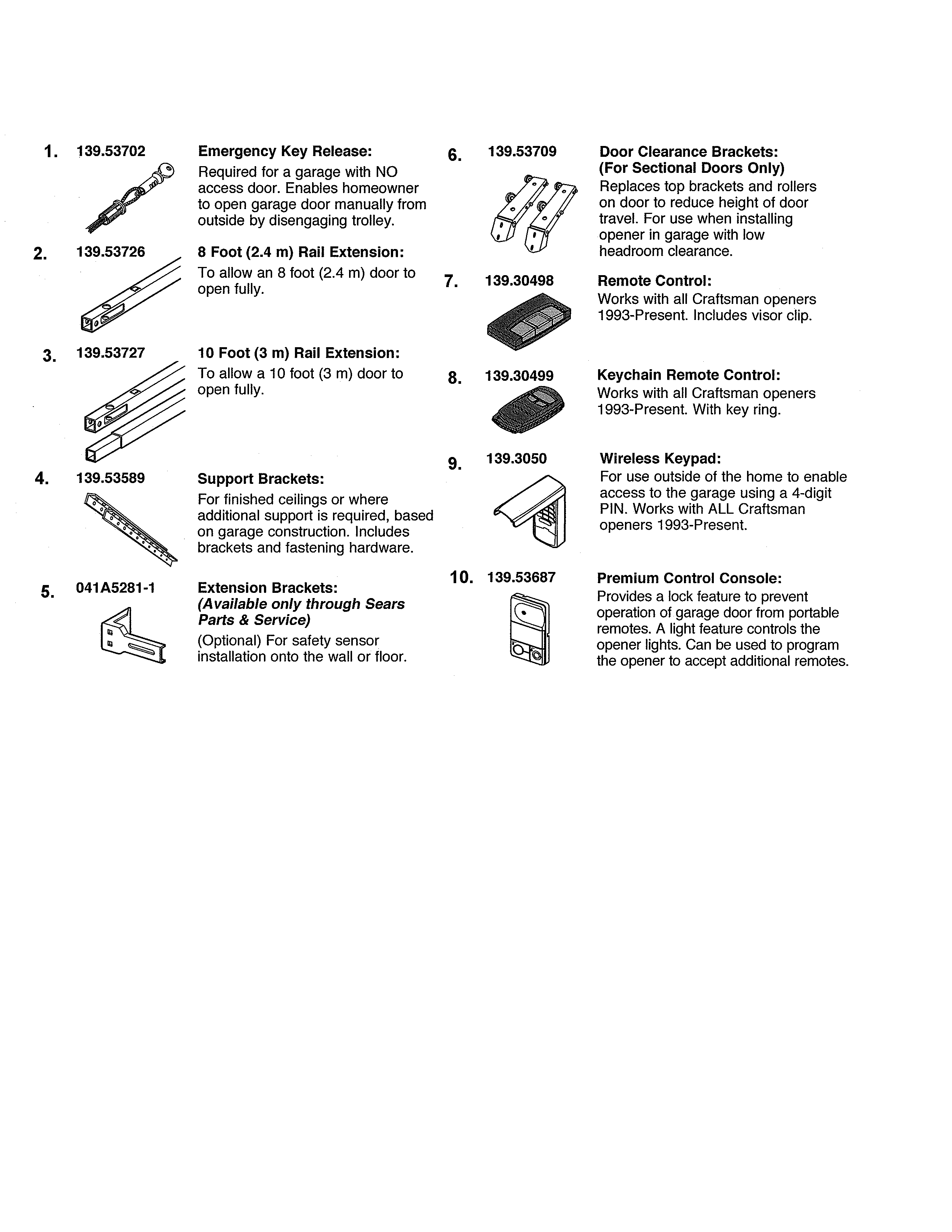 Accessories Diagram and Parts List for 13953985DM  Craftsman Garage Door Opener