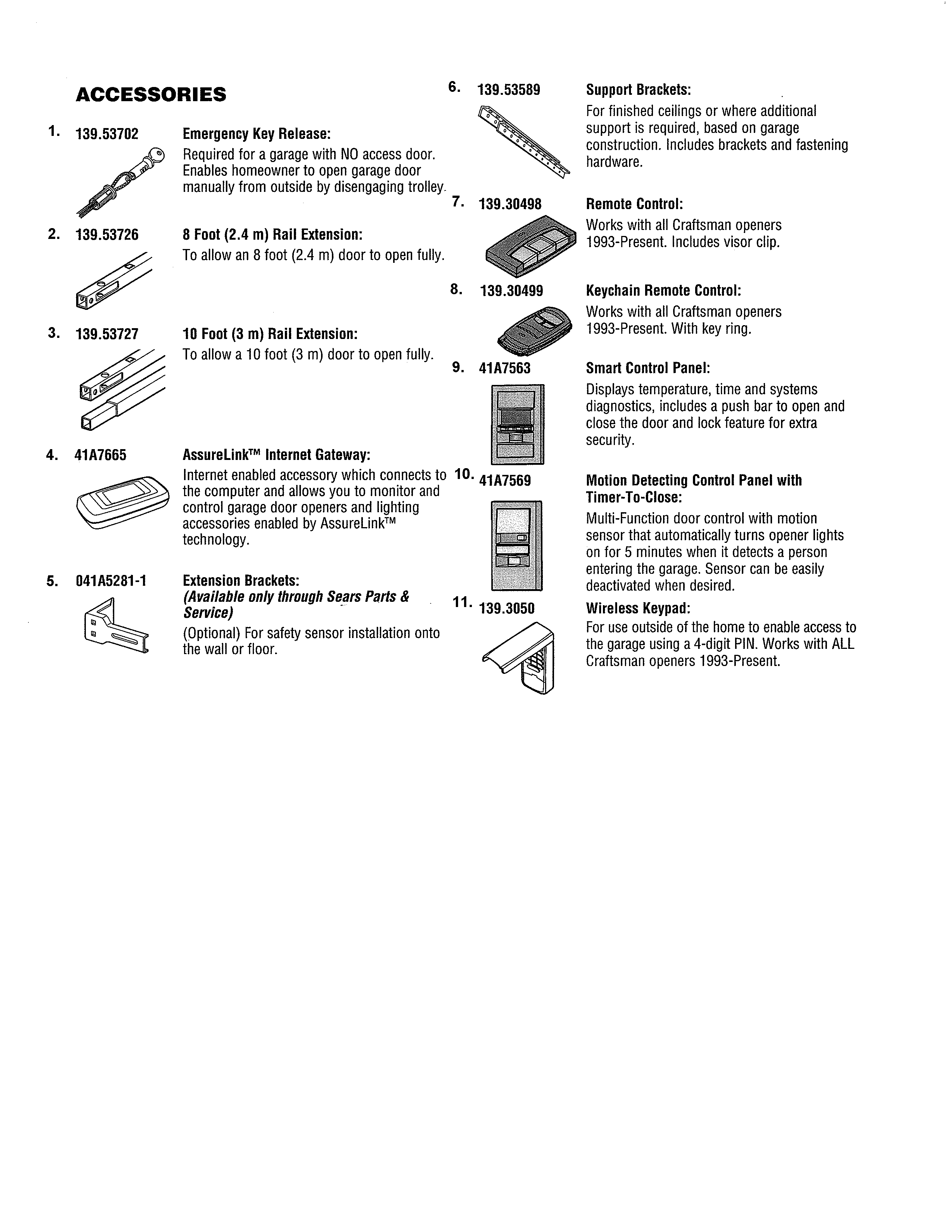 Accessories Diagram and Parts List for 13954985  Craftsman Garage Door Opener