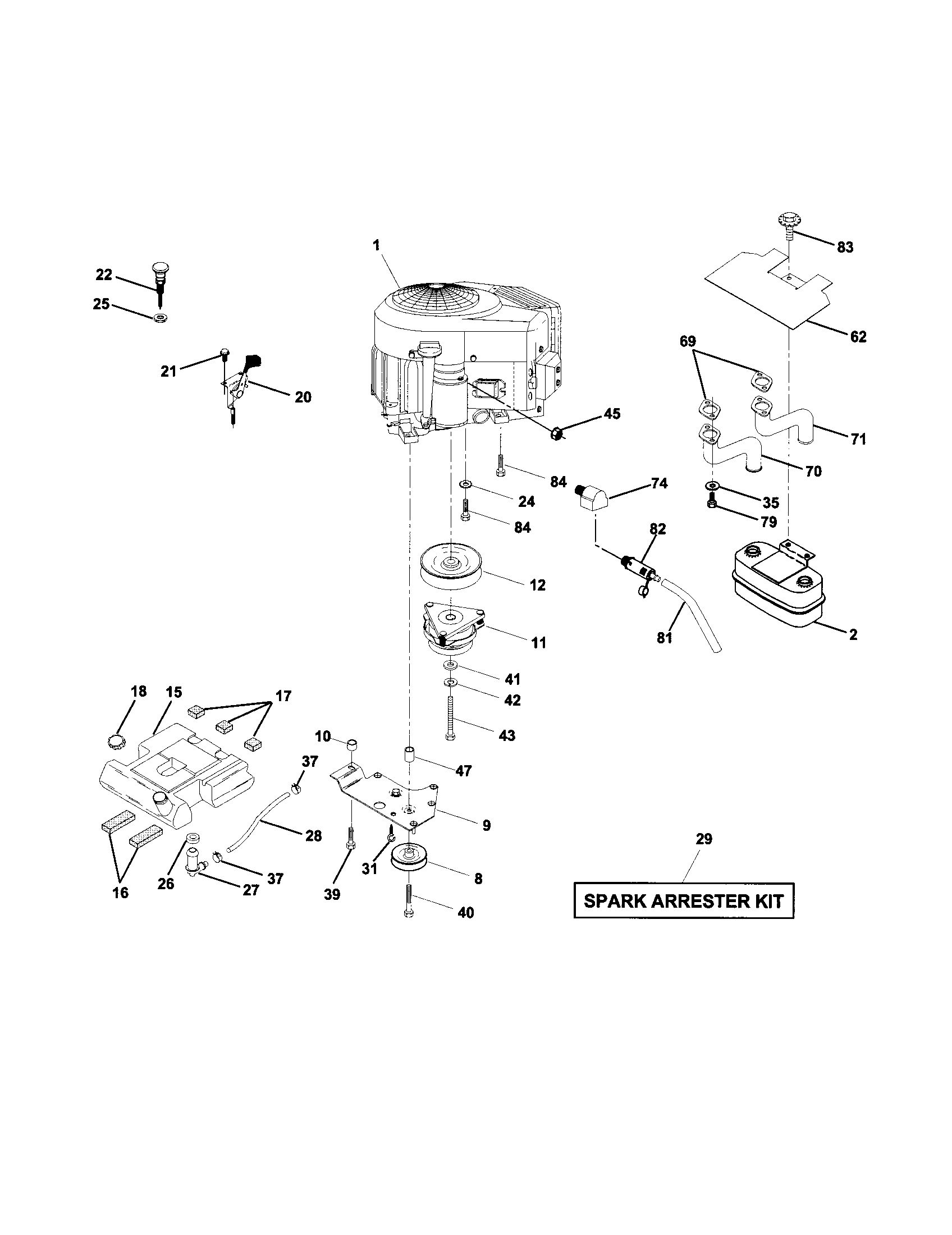 Engine Diagram and Parts List for 917279982  Craftsman Lawn Tractor