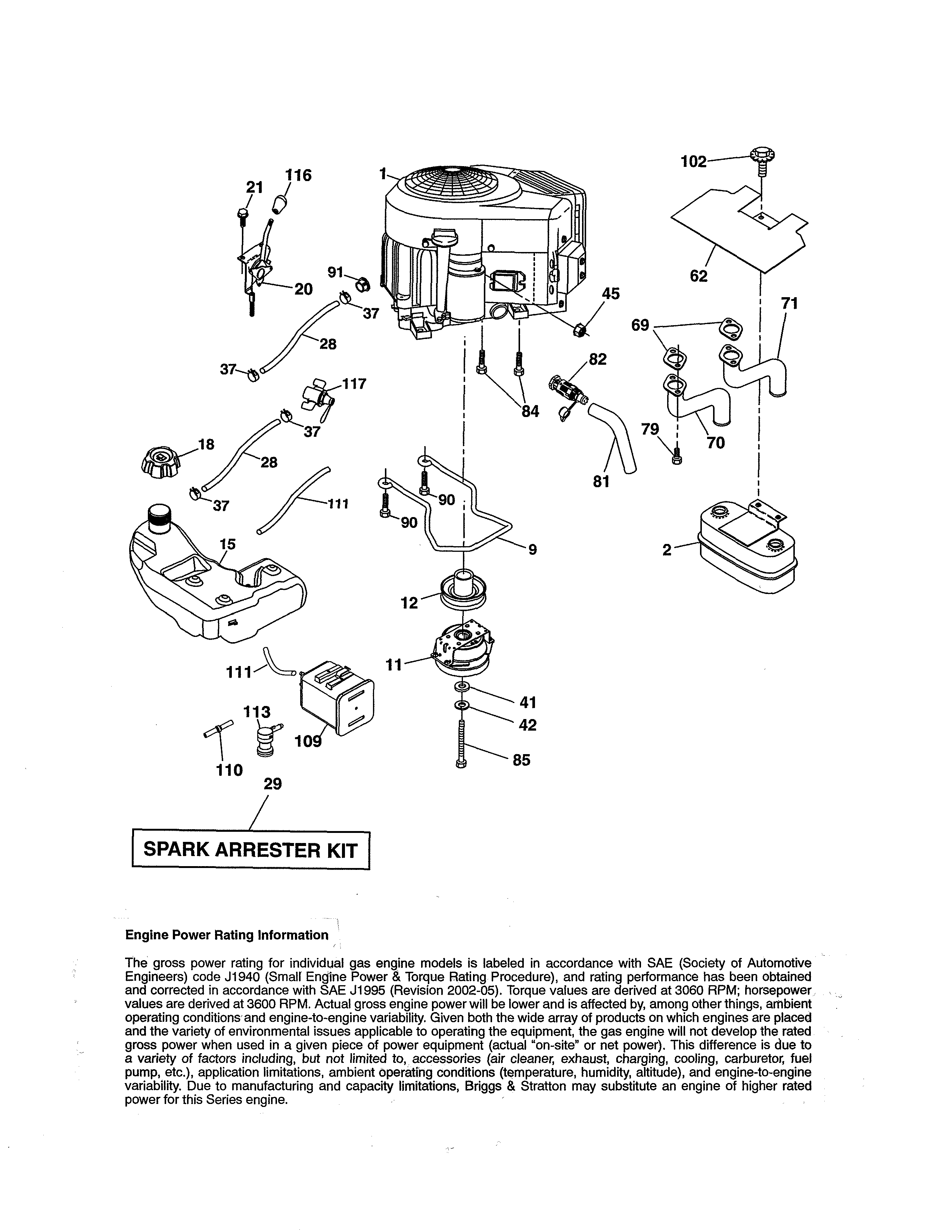 Engine Diagram and Parts List for 917204090  Craftsman Lawn Tractor