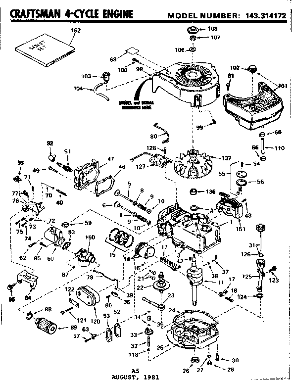Replacement Parts Diagram and Parts List for 143314172  Craftsman Engine