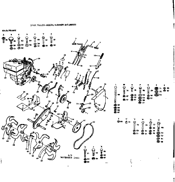 Main Frame Diagram and Parts List for 917299333  Craftsman Tiller
