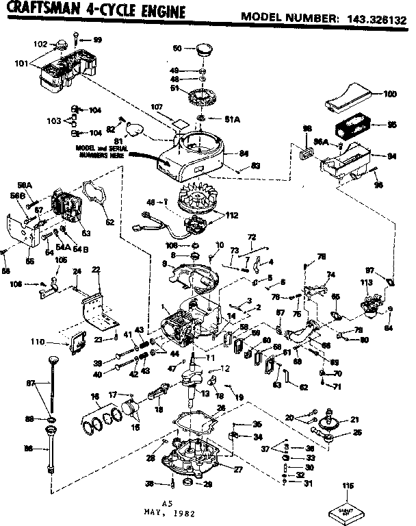 Replacement Parts Diagram and Parts List for 143326132  Craftsman Engine