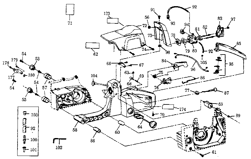 Main Frame Diagram and Parts List for 358356331  Craftsman Chainsaw