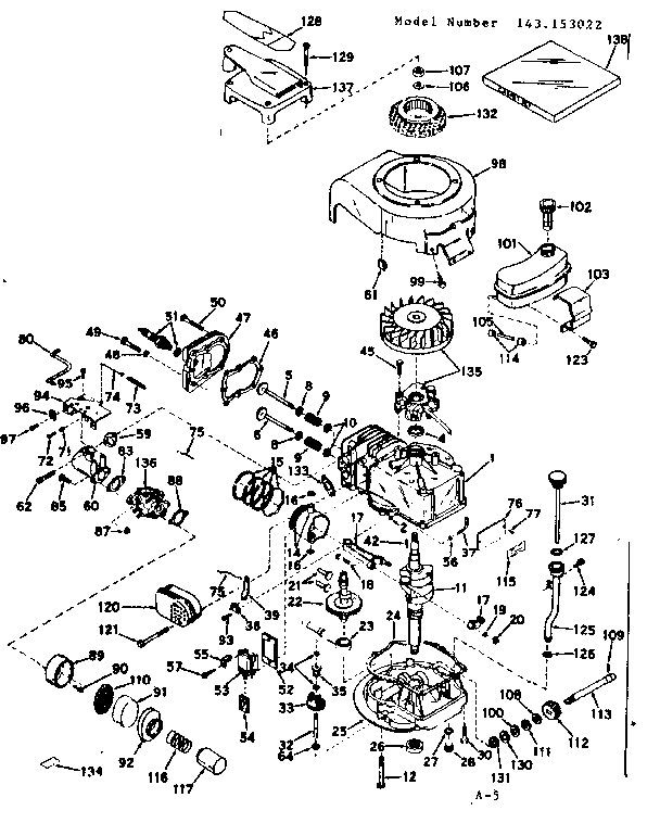 Basic Engine Diagram and Parts List for 143153022  Craftsman Engine