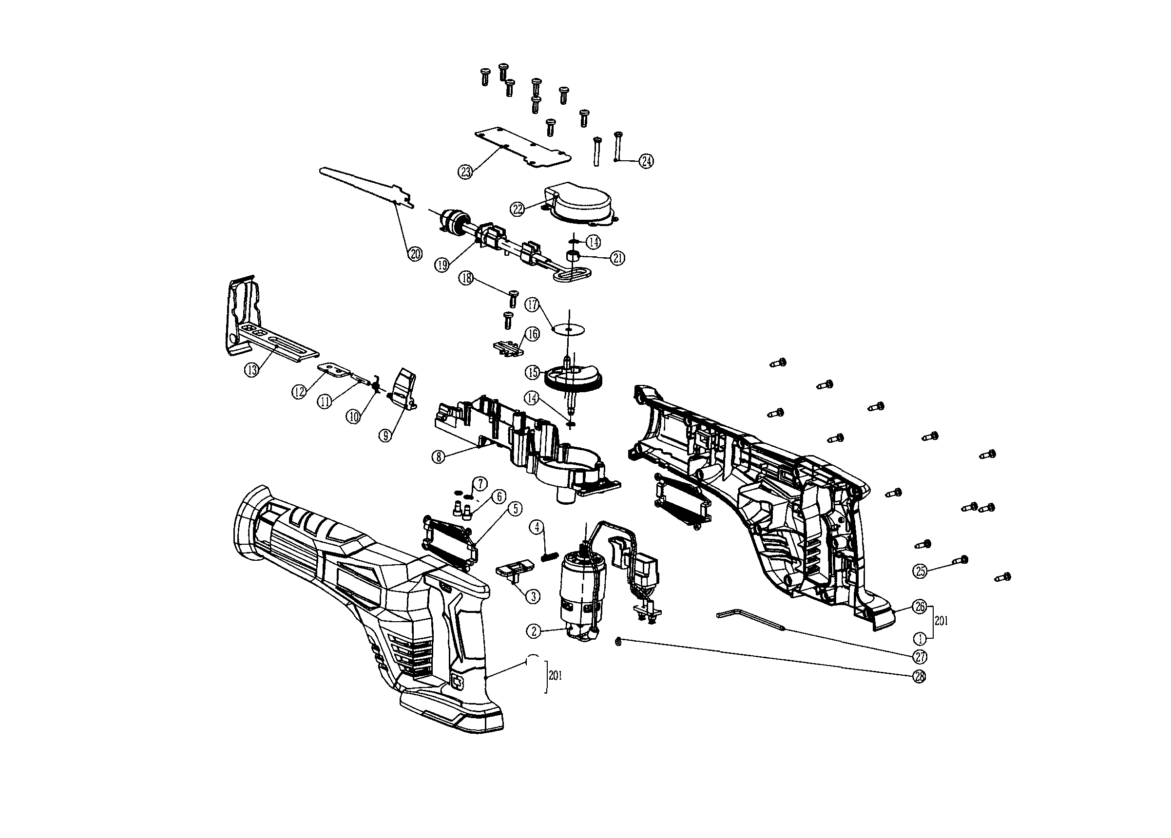 Saw Assy Diagram and Parts List for 32058183  Craftsman Reciprocating Saw