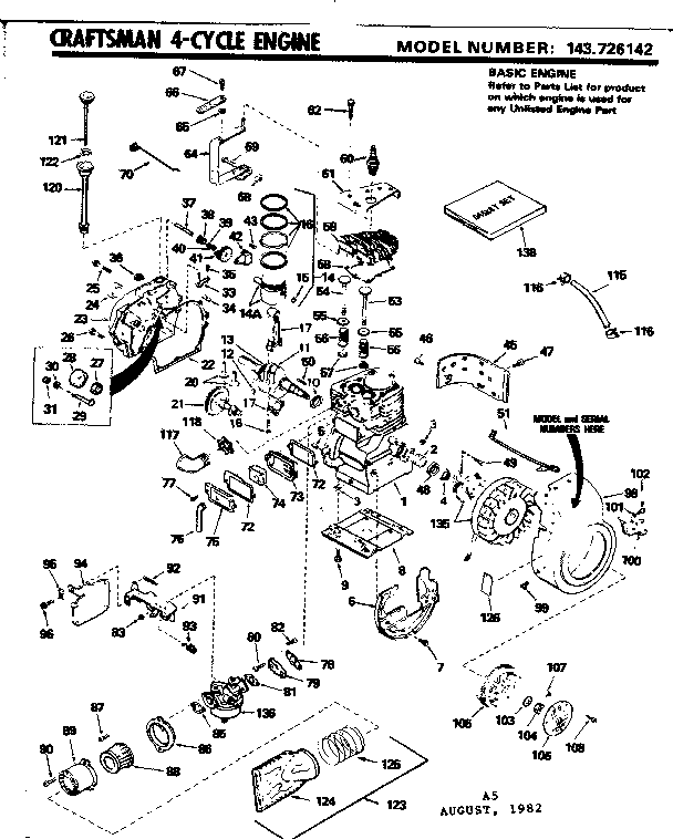 Replacement Parts Diagram and Parts List for 143726142  Craftsman Engine
