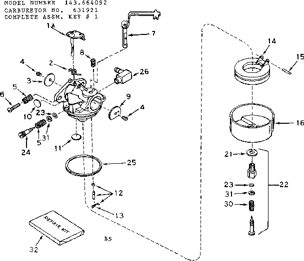 Carburetor Diagram and Parts List for 143664092  Craftsman Engine