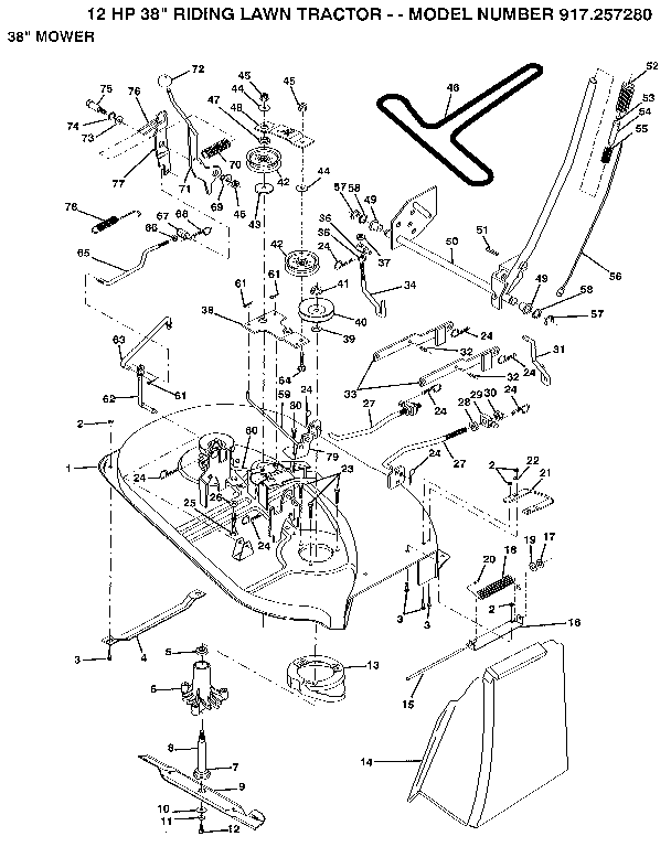 38" Mower Diagram and Parts List for 917257280  Craftsman Lawn Tractor
