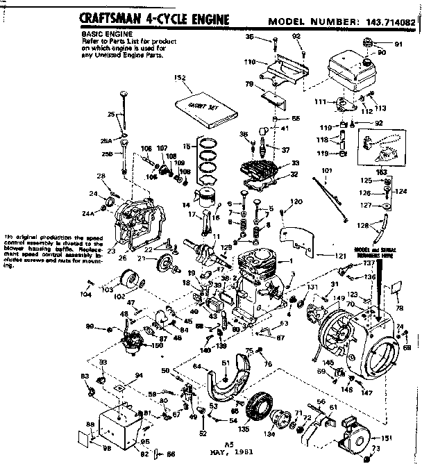 Replacement Parts Diagram and Parts List for 143714082  Craftsman Engine