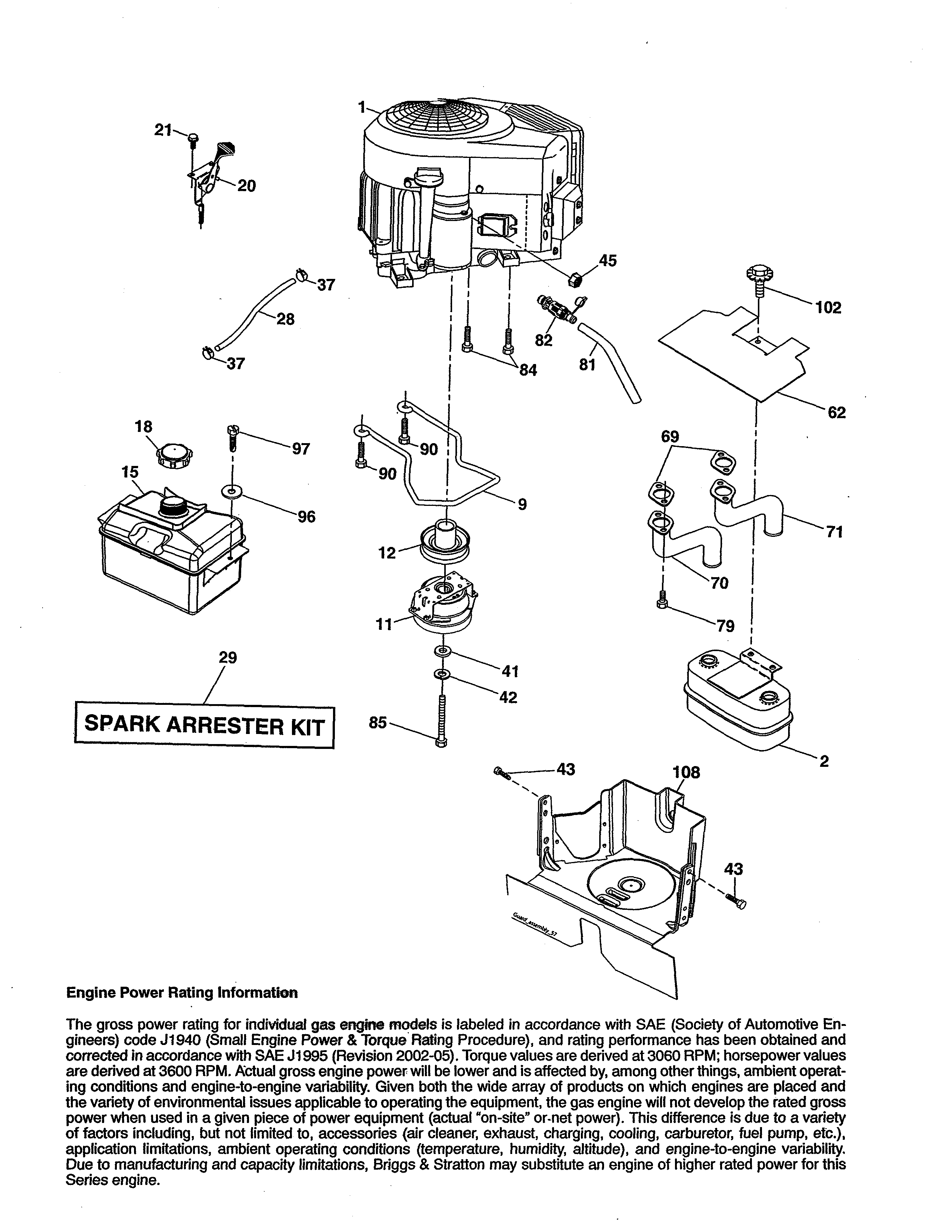 Engine Diagram and Parts List for 917989850  Craftsman Lawn Tractor