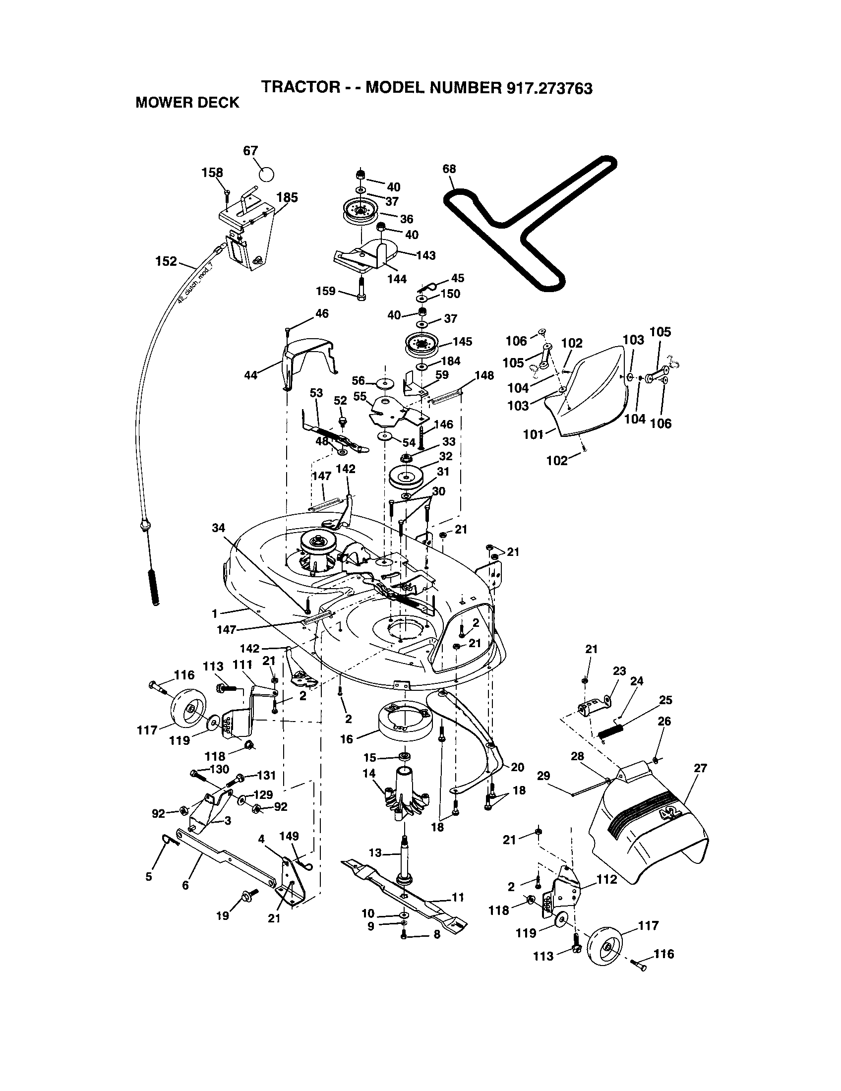 Mower Deck Diagram and Parts List for 917273763  Craftsman Lawn Tractor