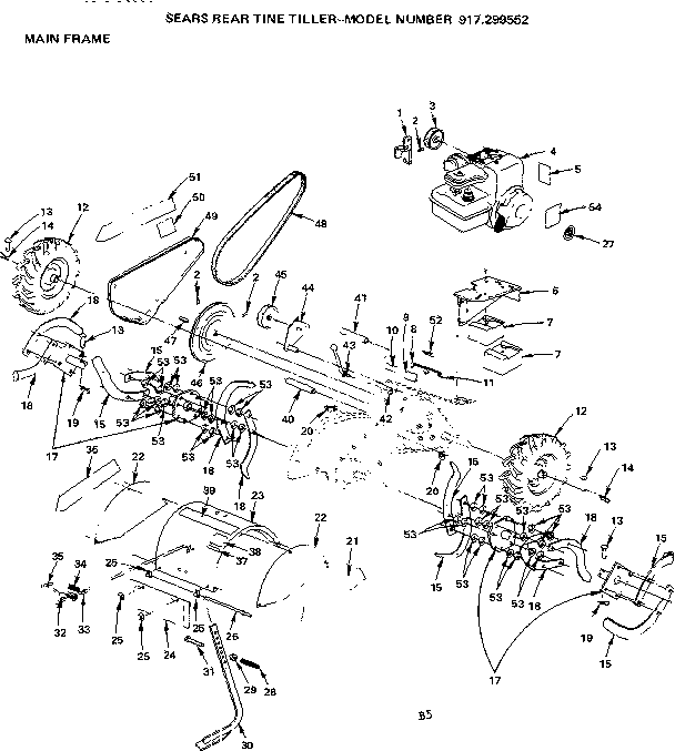 Main Frame Diagram and Parts List for 917299552  Craftsman Tiller