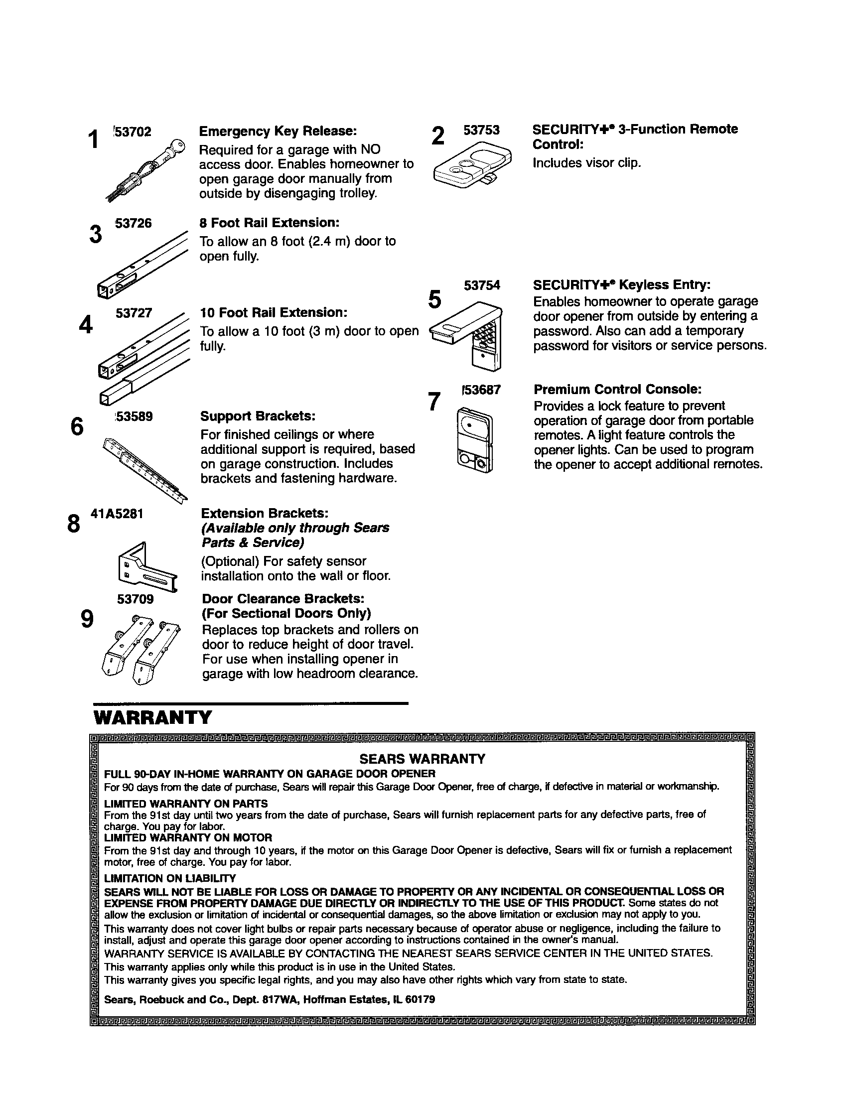 Accessories / Warranty Diagram and Parts List for 13953985D  Craftsman Garage Door Opener