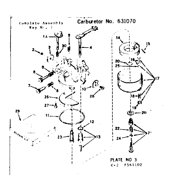Carburetor No. 631070 Diagram and Parts List for 143561102  Craftsman Engine