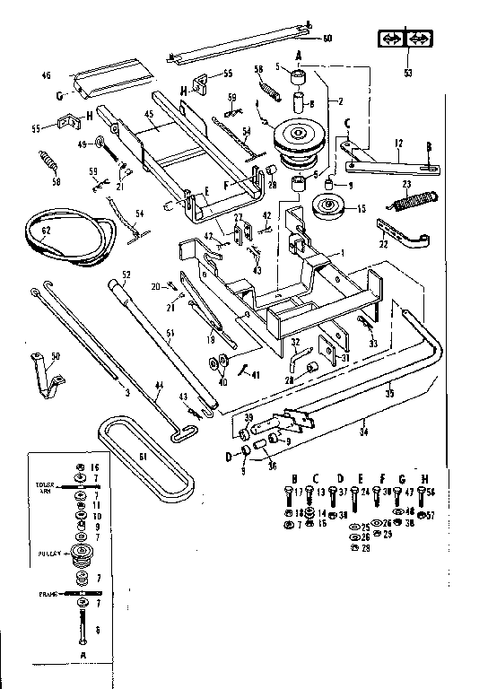Main Frame Diagram and Parts List for 53681360  Craftsman Lawn Mower