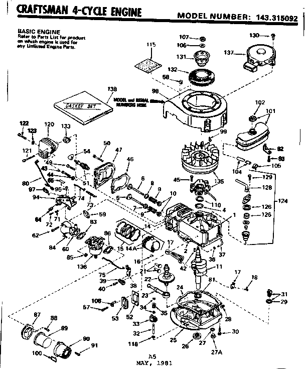 Replacement Parts Diagram and Parts List for 143315092  Craftsman Engine