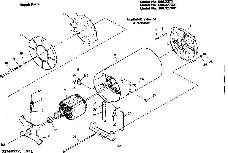 Alternator Diagram and Parts List for 580327311  Craftsman Engine