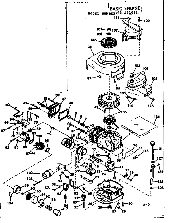 Basic Engine Diagram and Parts List for 143151032  Craftsman Engine