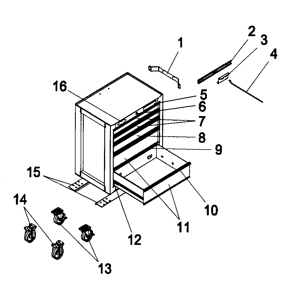 5 Drawer Roll Away Diagram and Parts List for 706596510  Craftsman Tool Stand & Cart